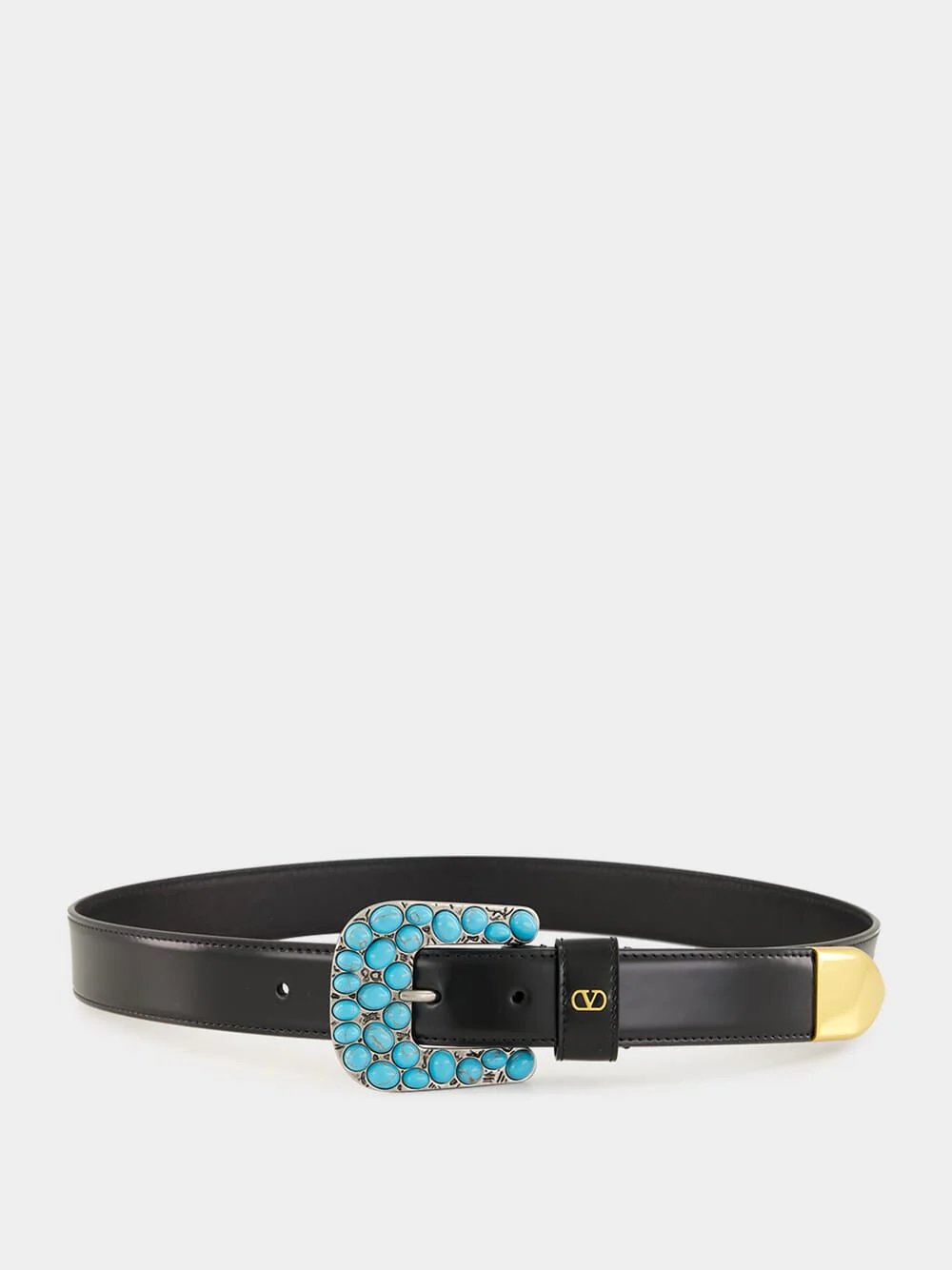 Black VLogo Belt with Turquoise Gem Buckle