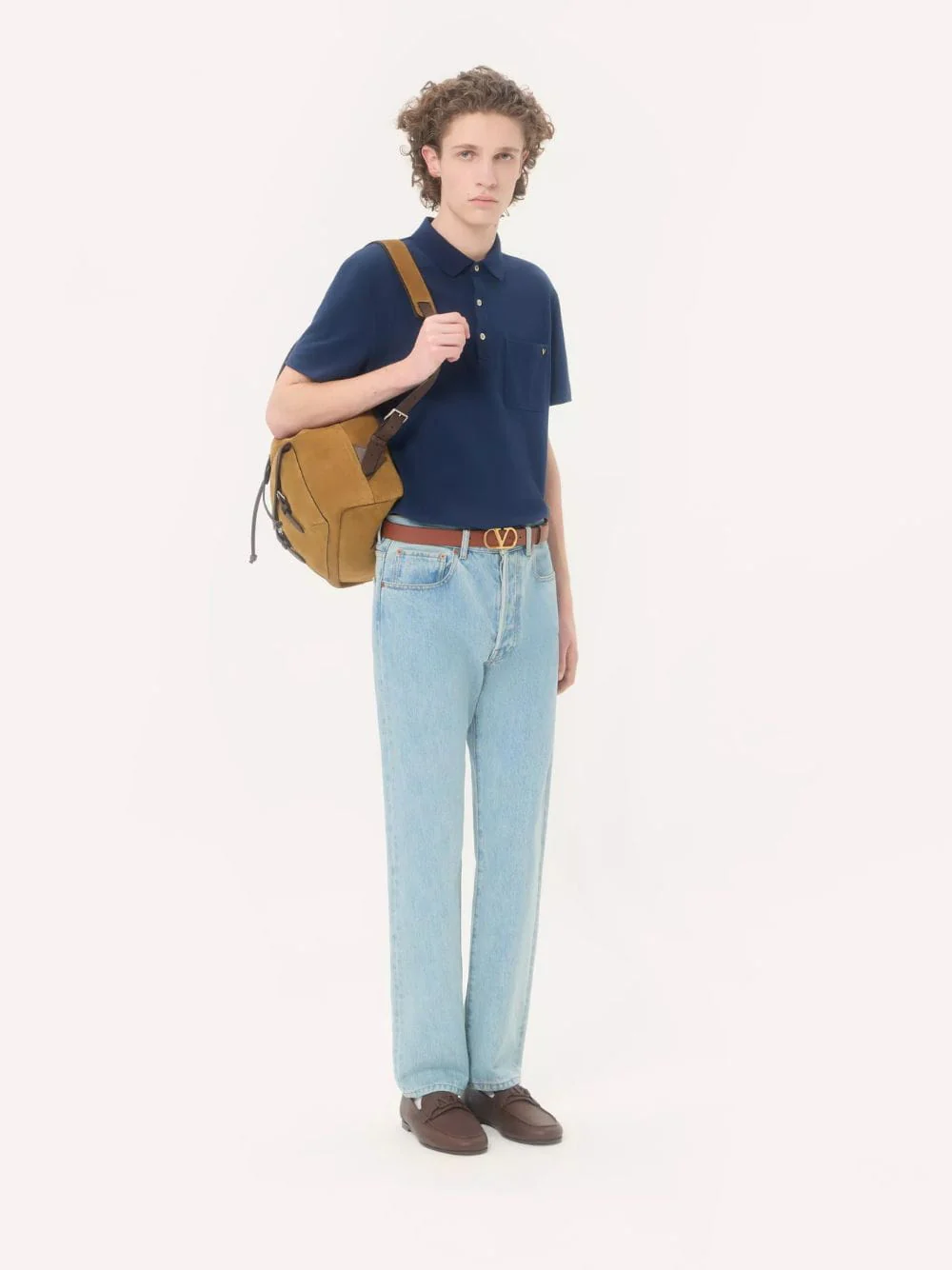 Blue Cotton Piqué Polo Shirt with Vgold - Image 2