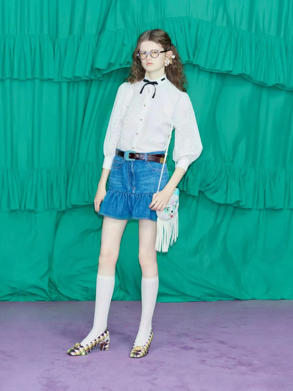 Blue Ruffled Hem Denim Mini Skirt - Image 2