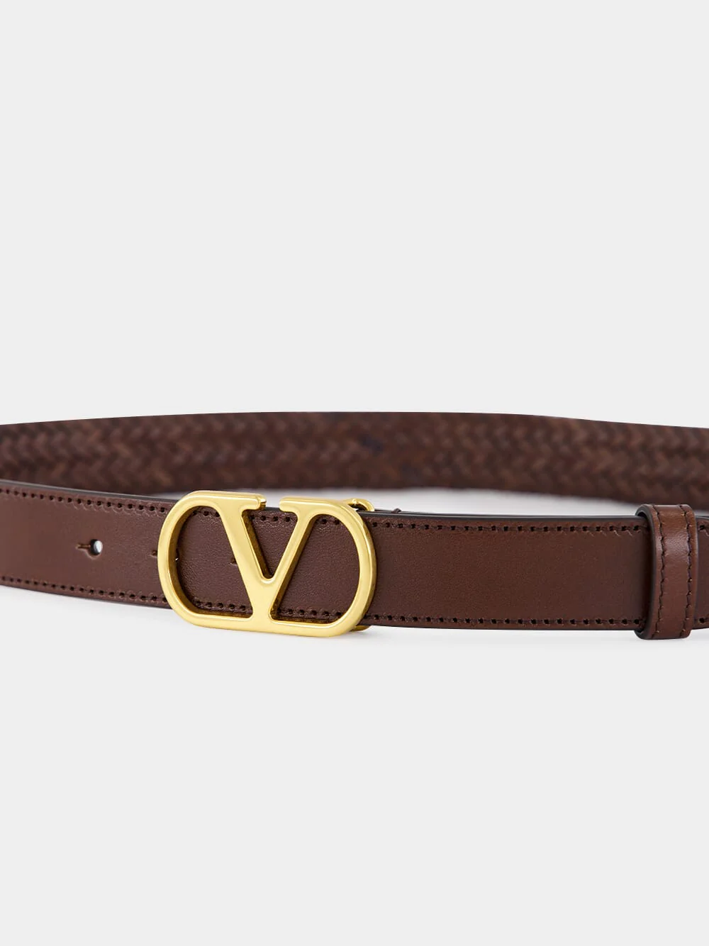 Brown Braided Leather VLogo Belt - Image 3