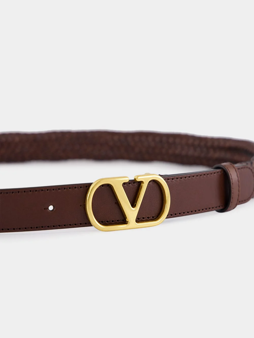 Brown Braided Leather VLogo Belt - Image 3