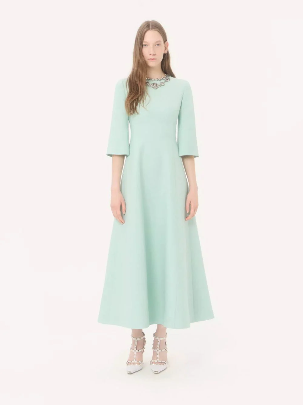 Celadon and Silver Crepe Couture Embroidered Midi Dress