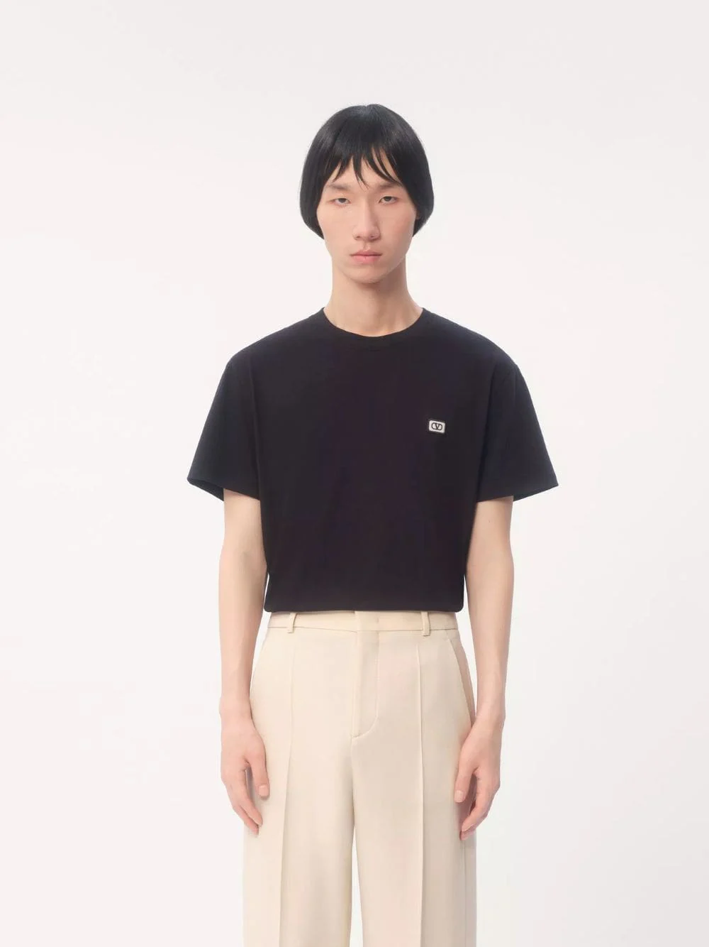 Black Cotton T-Shirt with VLogo Patch - Image 2