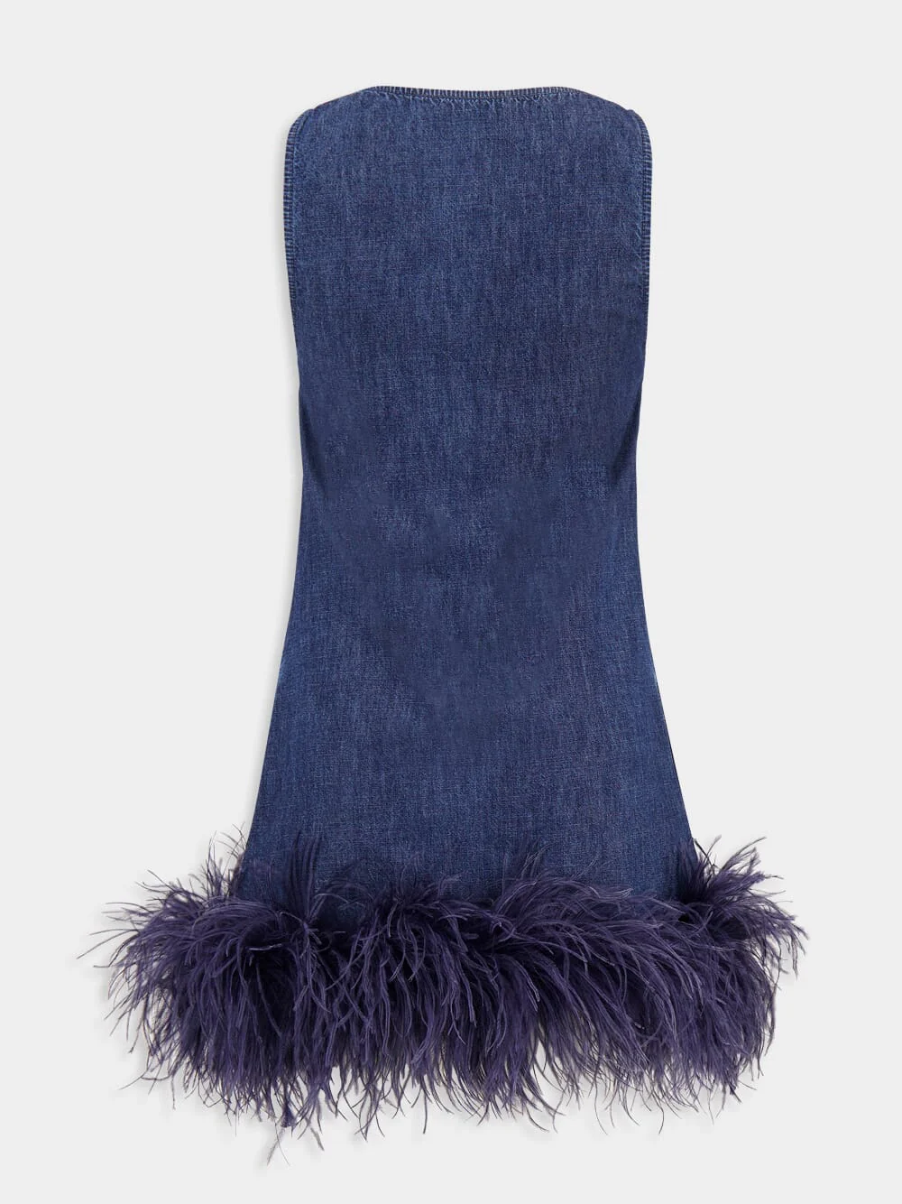 Blue V-Neck Sleeveless Denim Dress with Feathers - Image 3