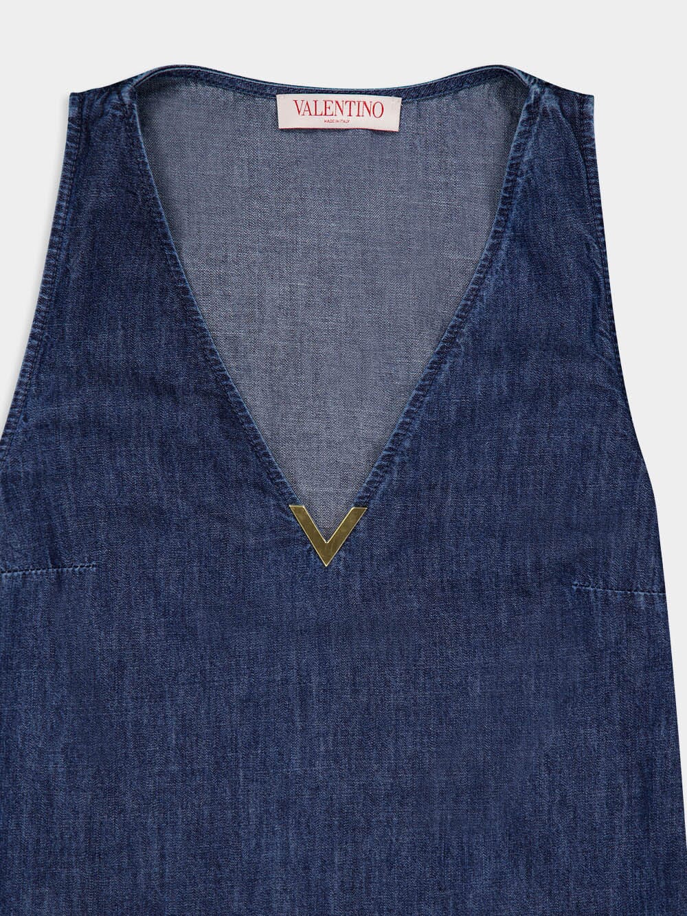 Blue V-Neck Sleeveless Denim Dress with Feathers - Image 5