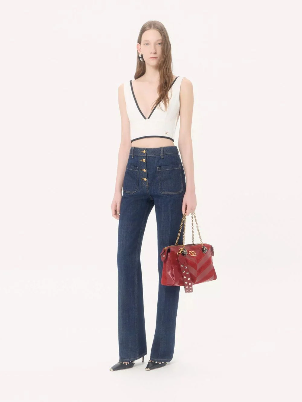 Dark Blue Denim Trousers with Logo Buttons - Image 2