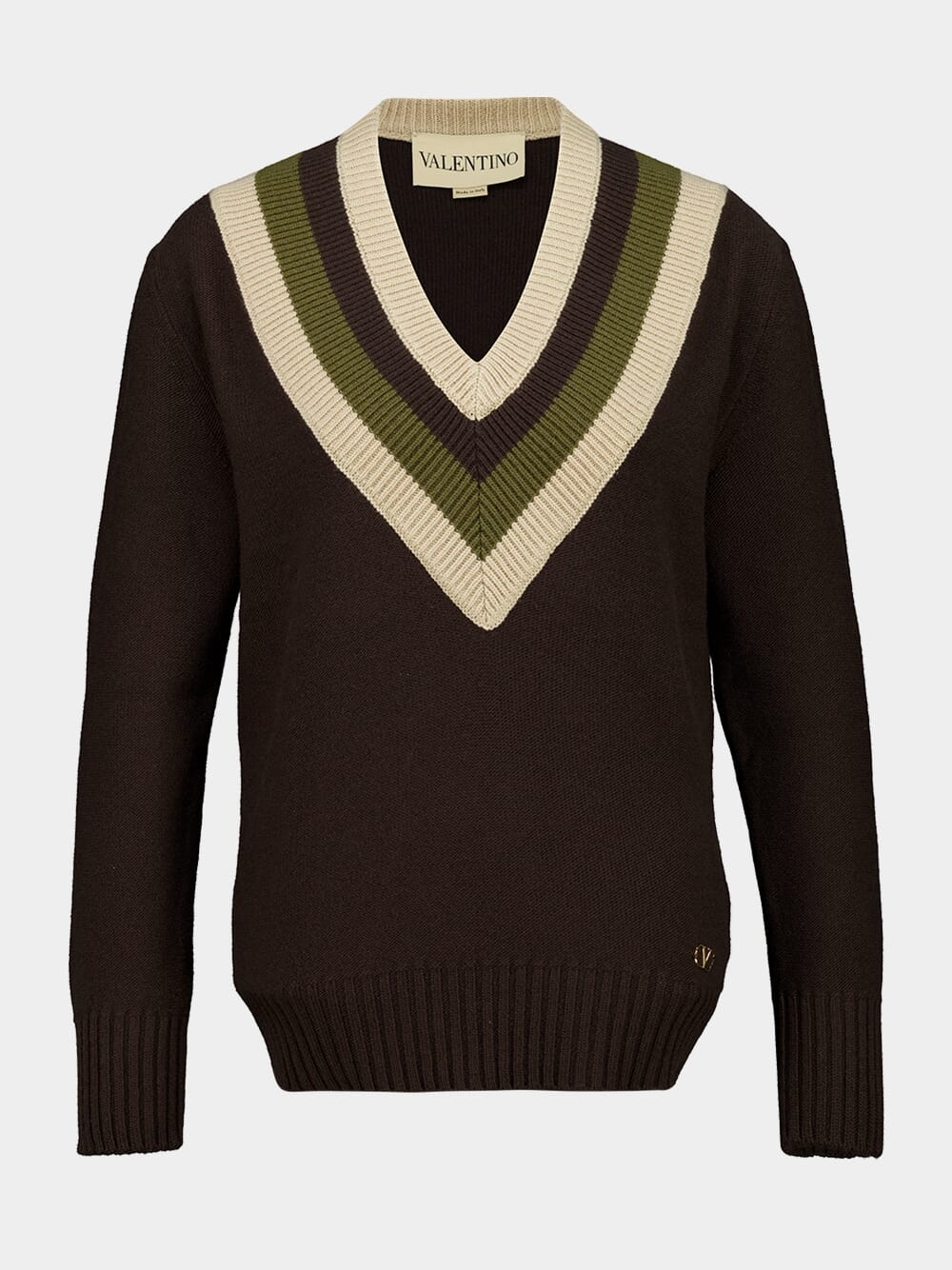 Dark Fudge and Beige Wool V-Neck Jumper