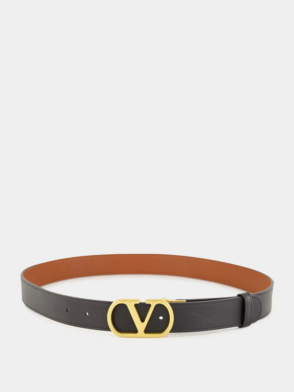 Deep Caramel and Black Reversible VLogo Calfskin Belt - Image 2