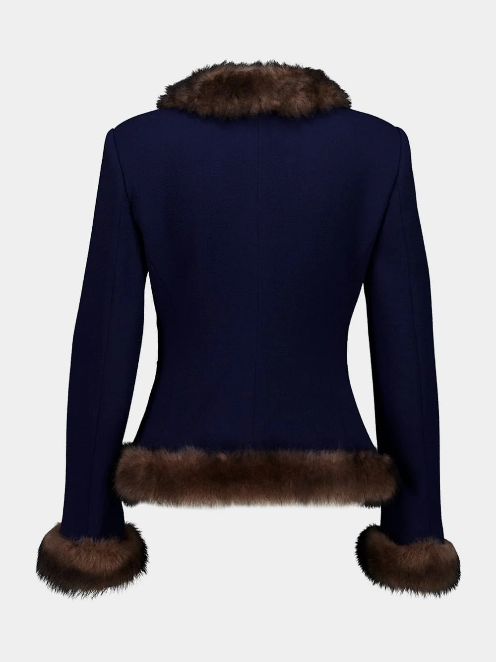 Indigo Blue Wool Crepe Jacket with Shearling Trim - Image 4