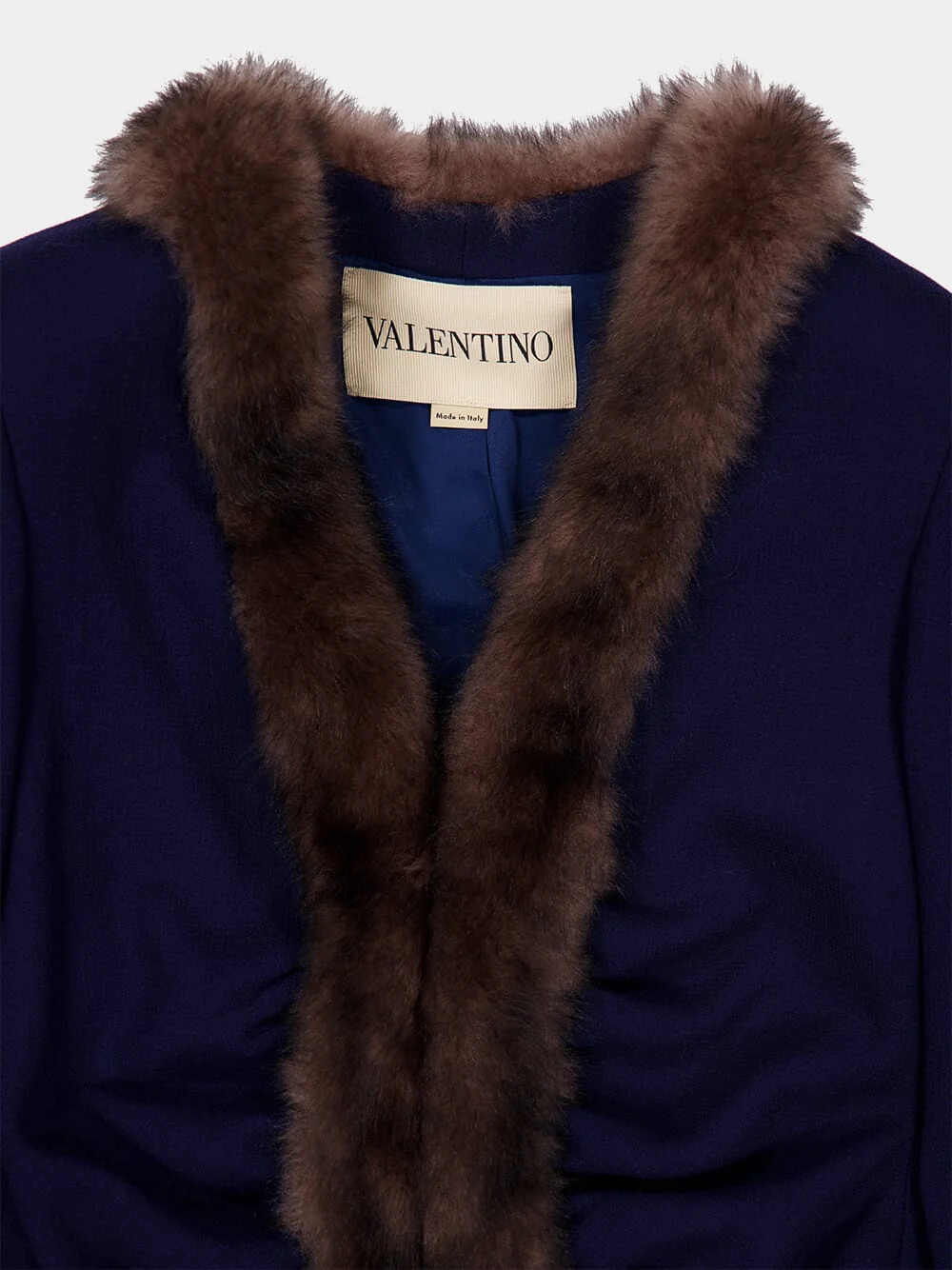 Indigo Blue Wool Crepe Jacket with Shearling Trim - Image 5