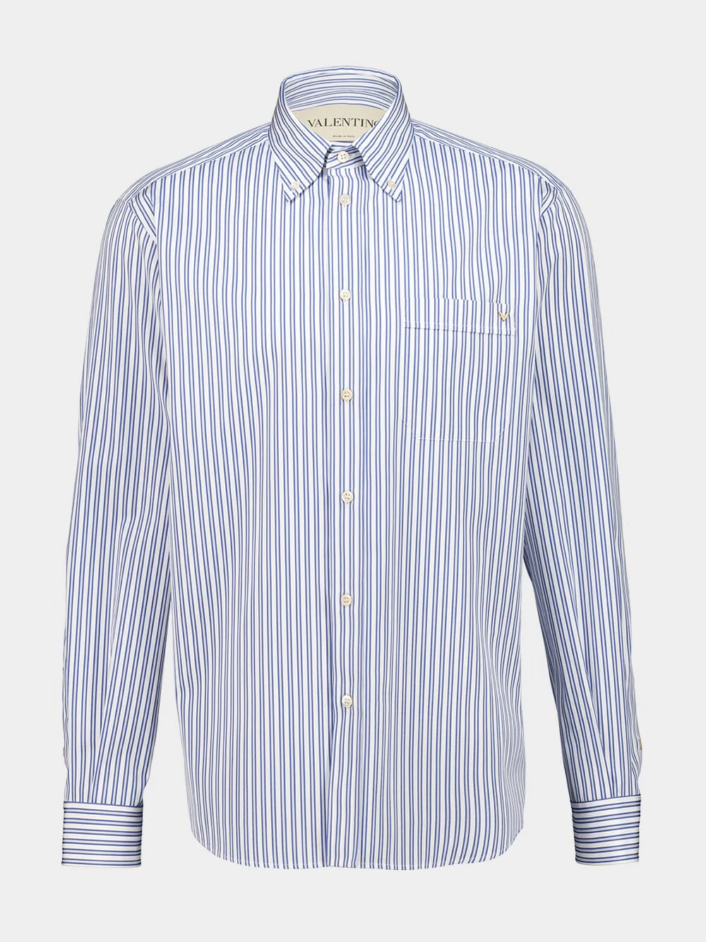 Ivory and Blue Cotton Poplin Shirt with VGold Stripes