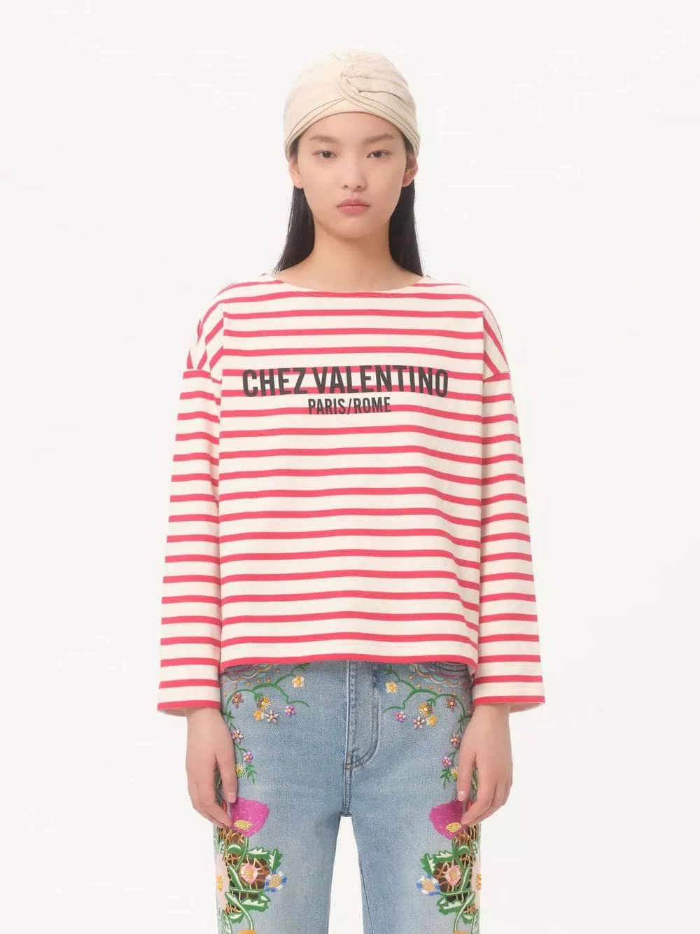 Ivory and Red Striped Cotton Jersey Long-Sleeved Top - Image 2