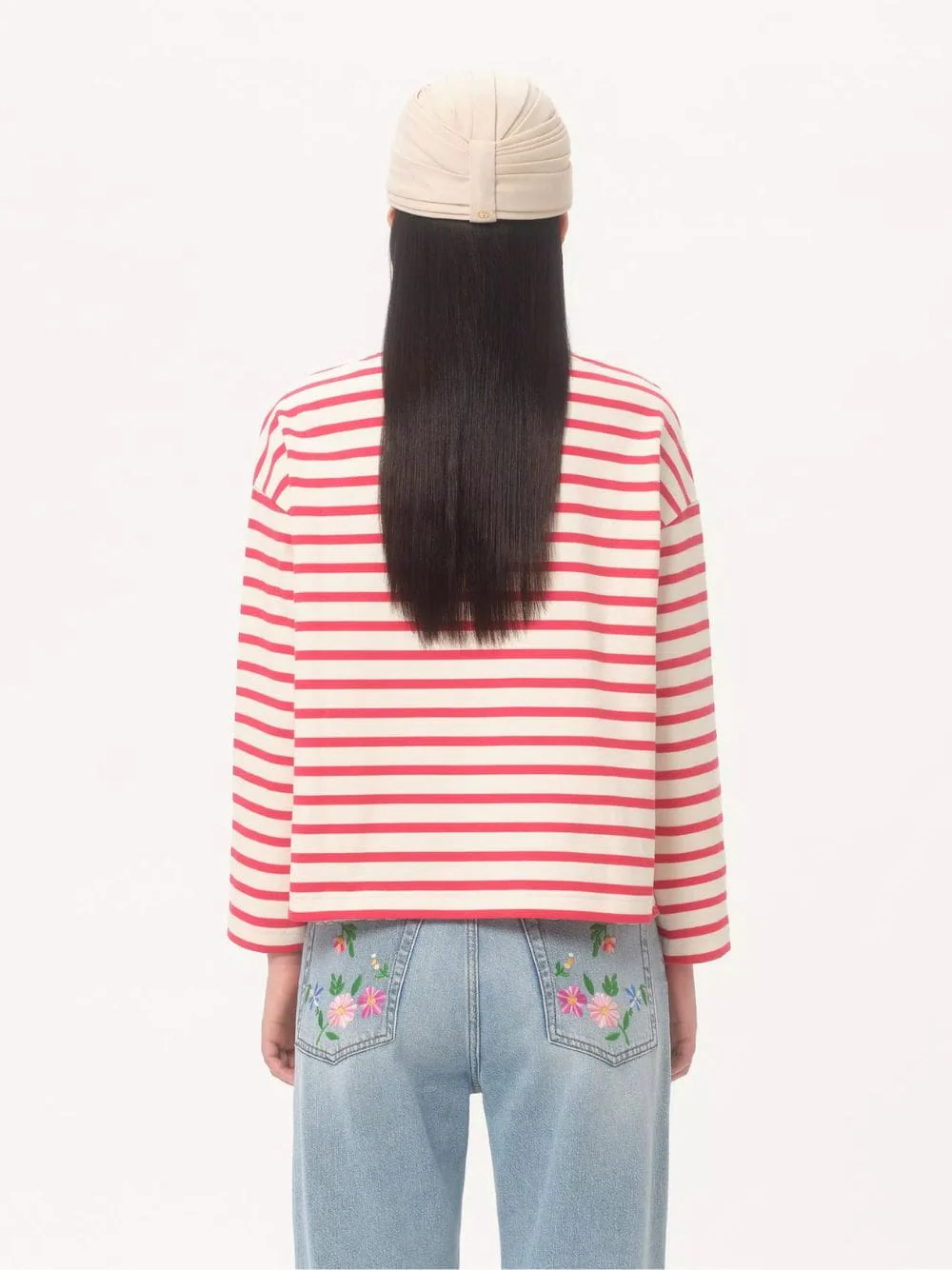 Ivory and Red Striped Cotton Jersey Long-Sleeved Top - Image 4