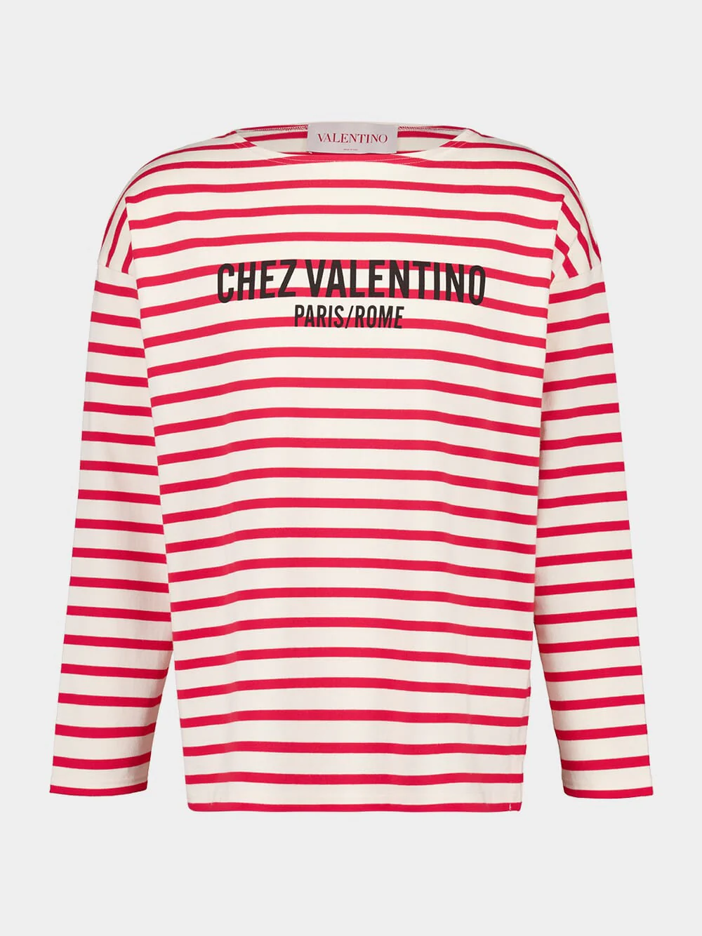 Ivory and Red Striped Cotton Jersey Long-Sleeved Top