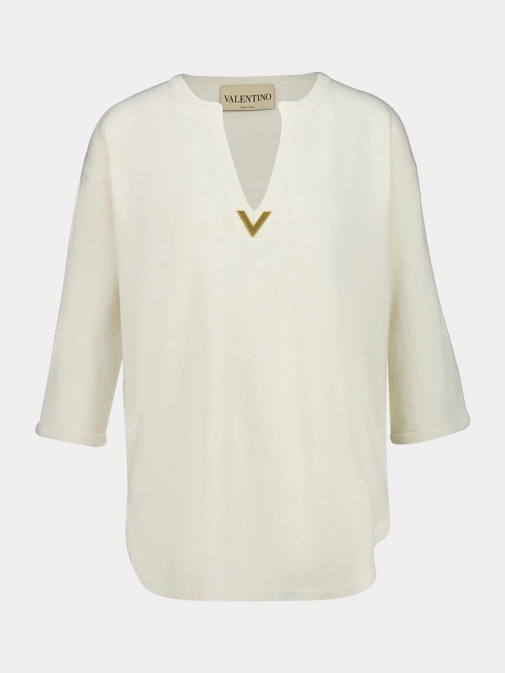 Ivory Long-Sleeve Wool Top with V Detail