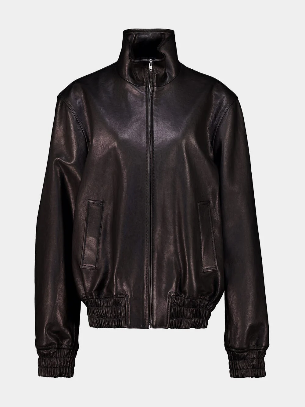 Black Zipped Leather Bomber Jacket