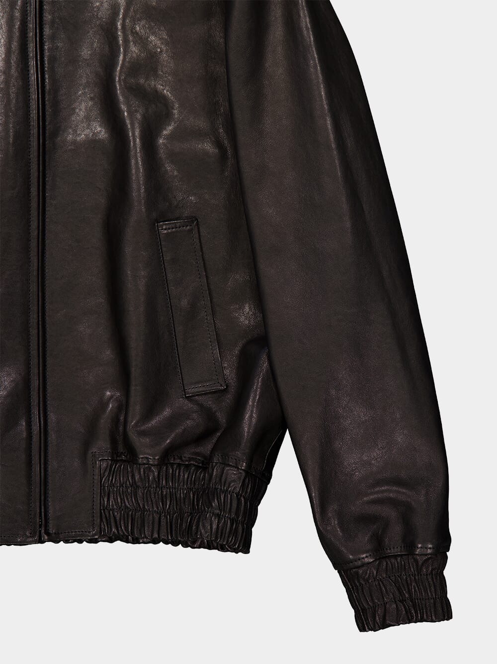 Black Zipped Leather Bomber Jacket - Image 4