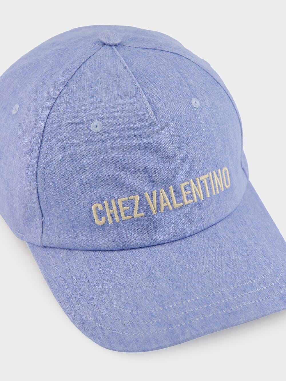Light Blue Denim Cap with Chez Valentino Ivory Logo - Image 3