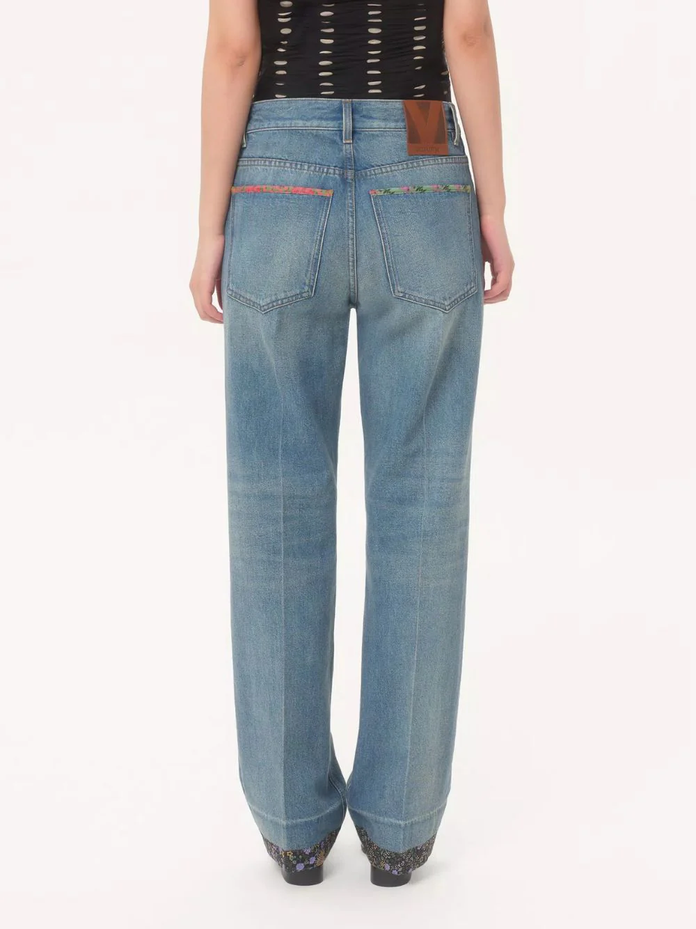 Medium Blue Denim Trousers with Floral Detail - Image 4