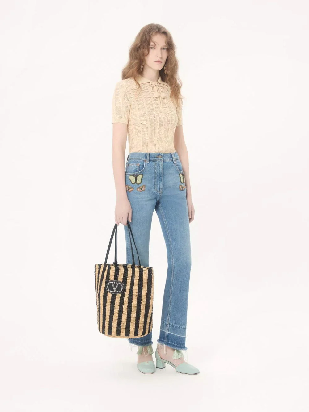 Natural and Black Striped Raffia Shopping Bag - Image 2