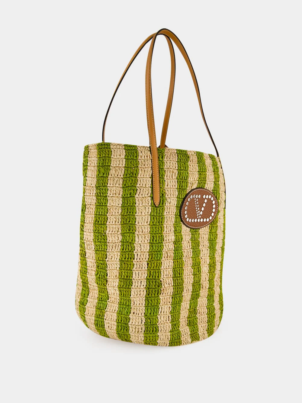 Natural and Green Striped Raffia Shopping Bag - Image 2