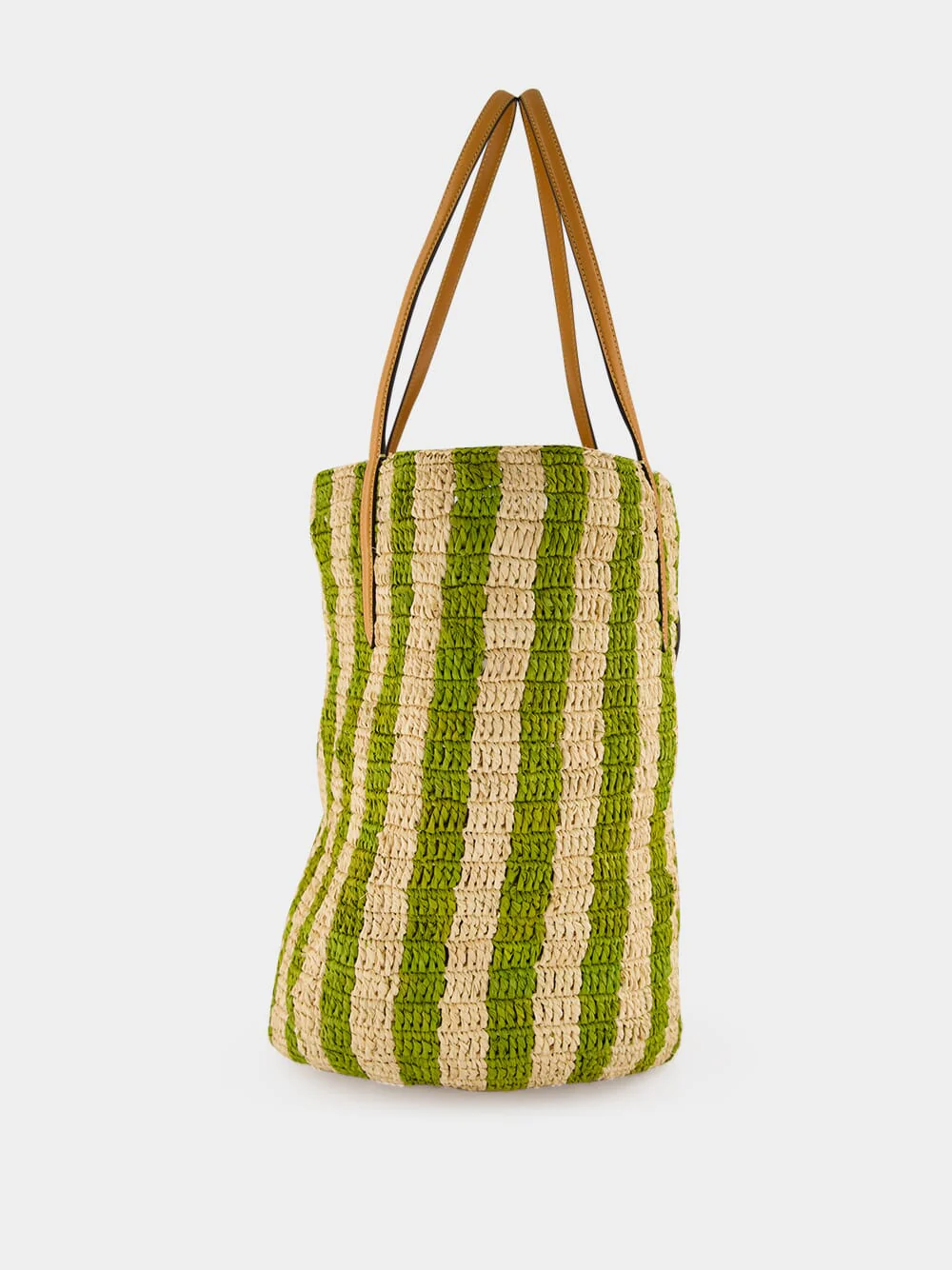 Natural and Green Striped Raffia Shopping Bag - Image 3