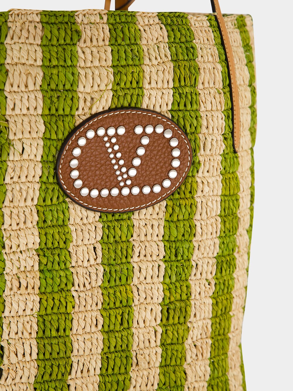 Natural and Green Striped Raffia Shopping Bag - Image 6