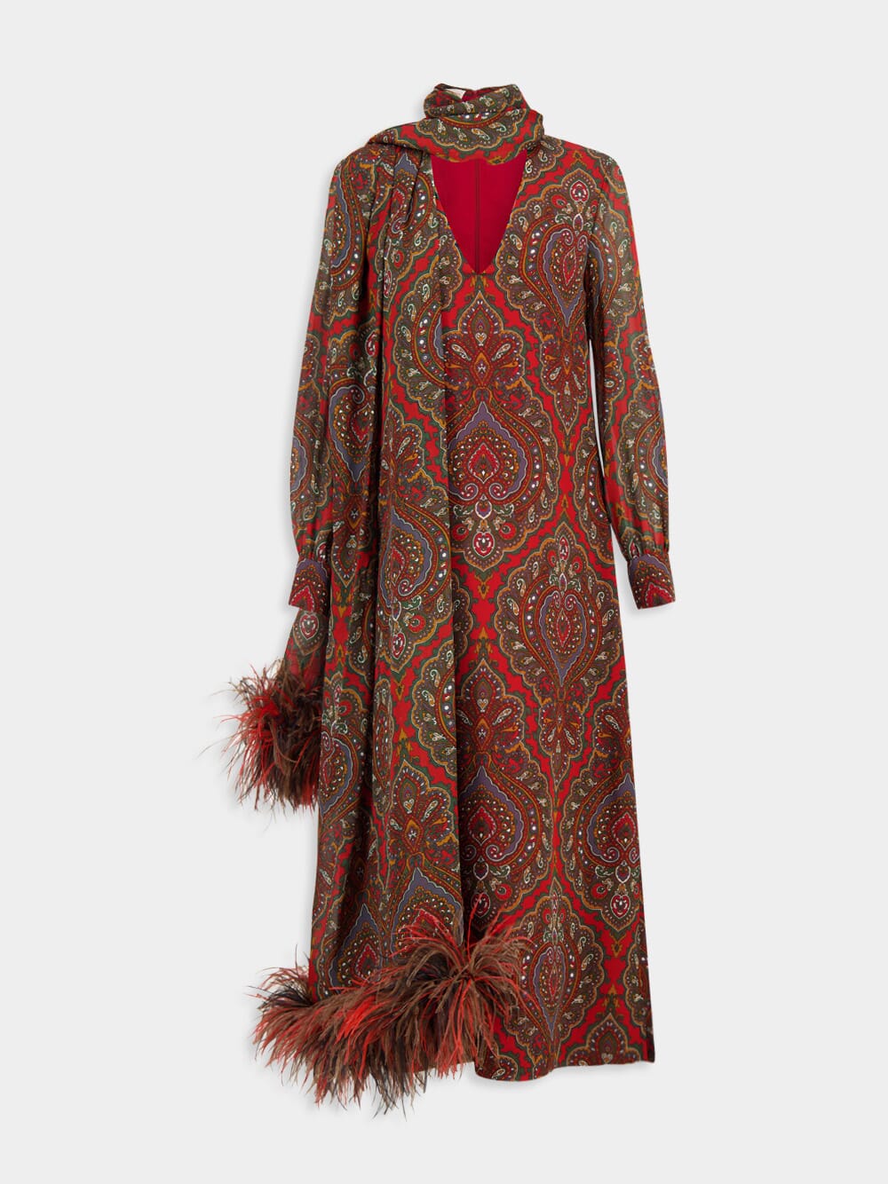 Paisley Silk Maxi Dress with Feathers