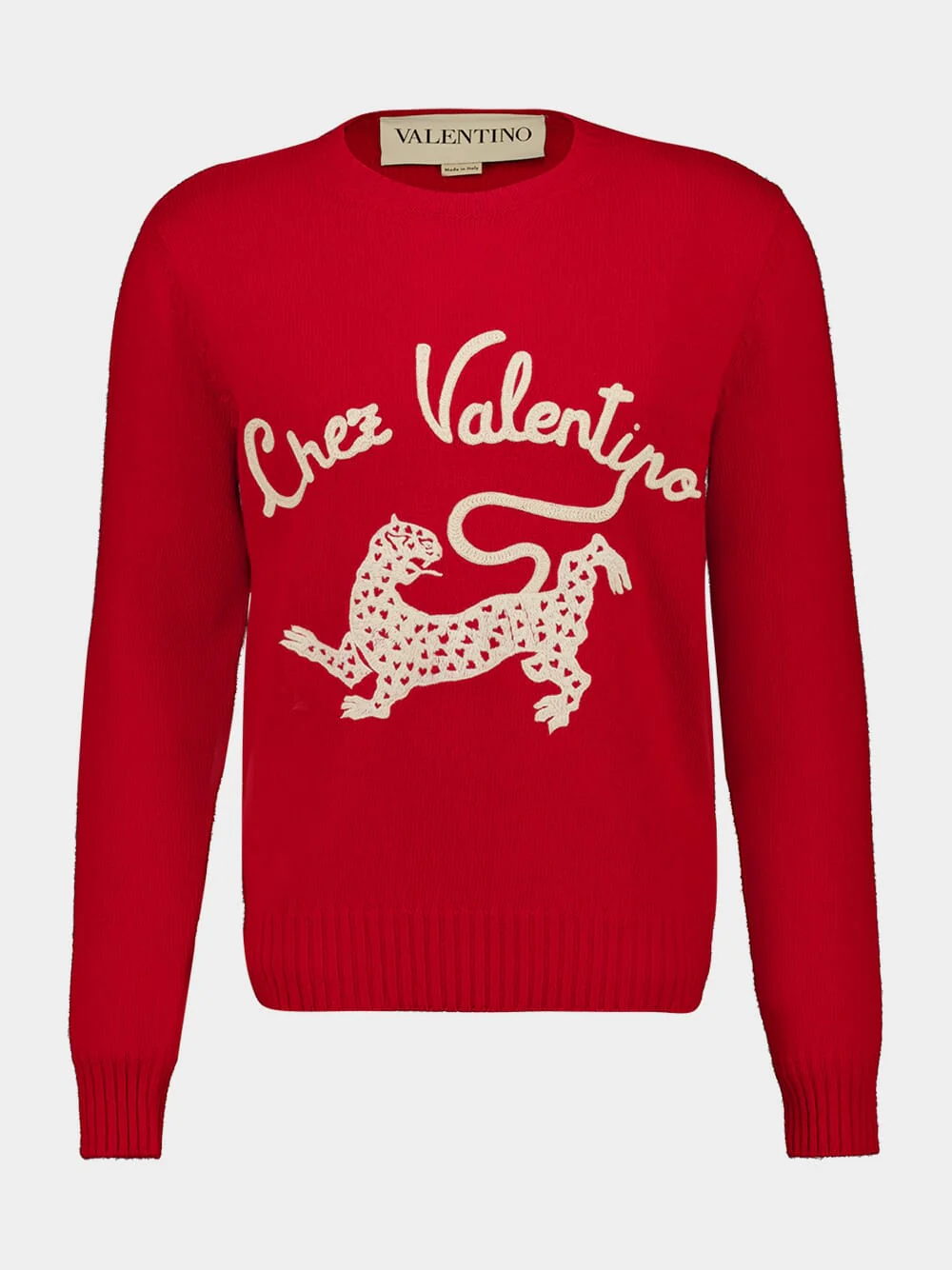 Red Wool Sweater with Chez Valentino and Panther Embroidery