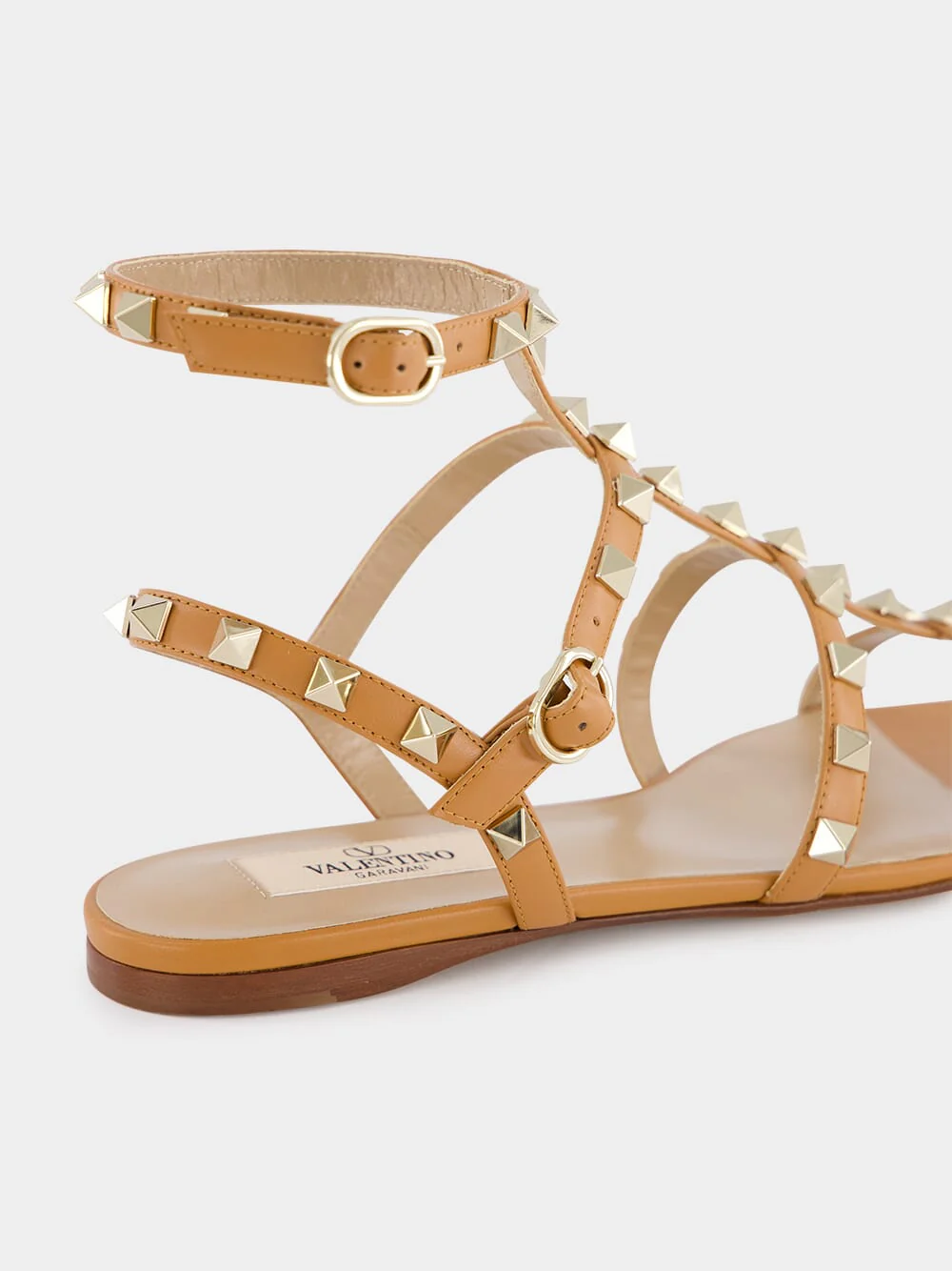 Almond Brown Rockstud flat leather sandals - Image 6