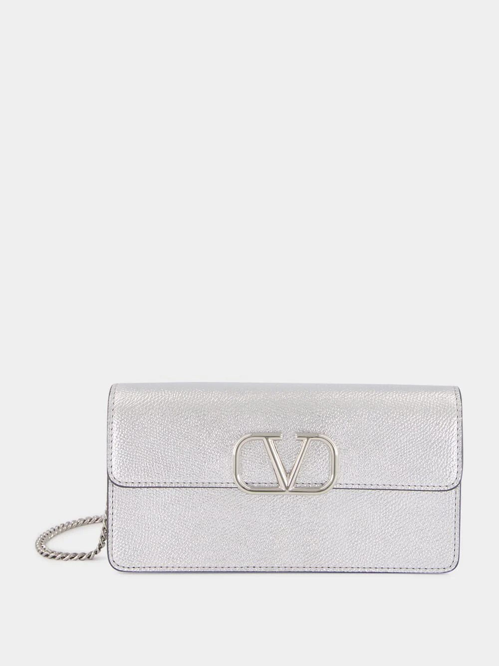 Silver Calfskin Clutch with Chain Strap