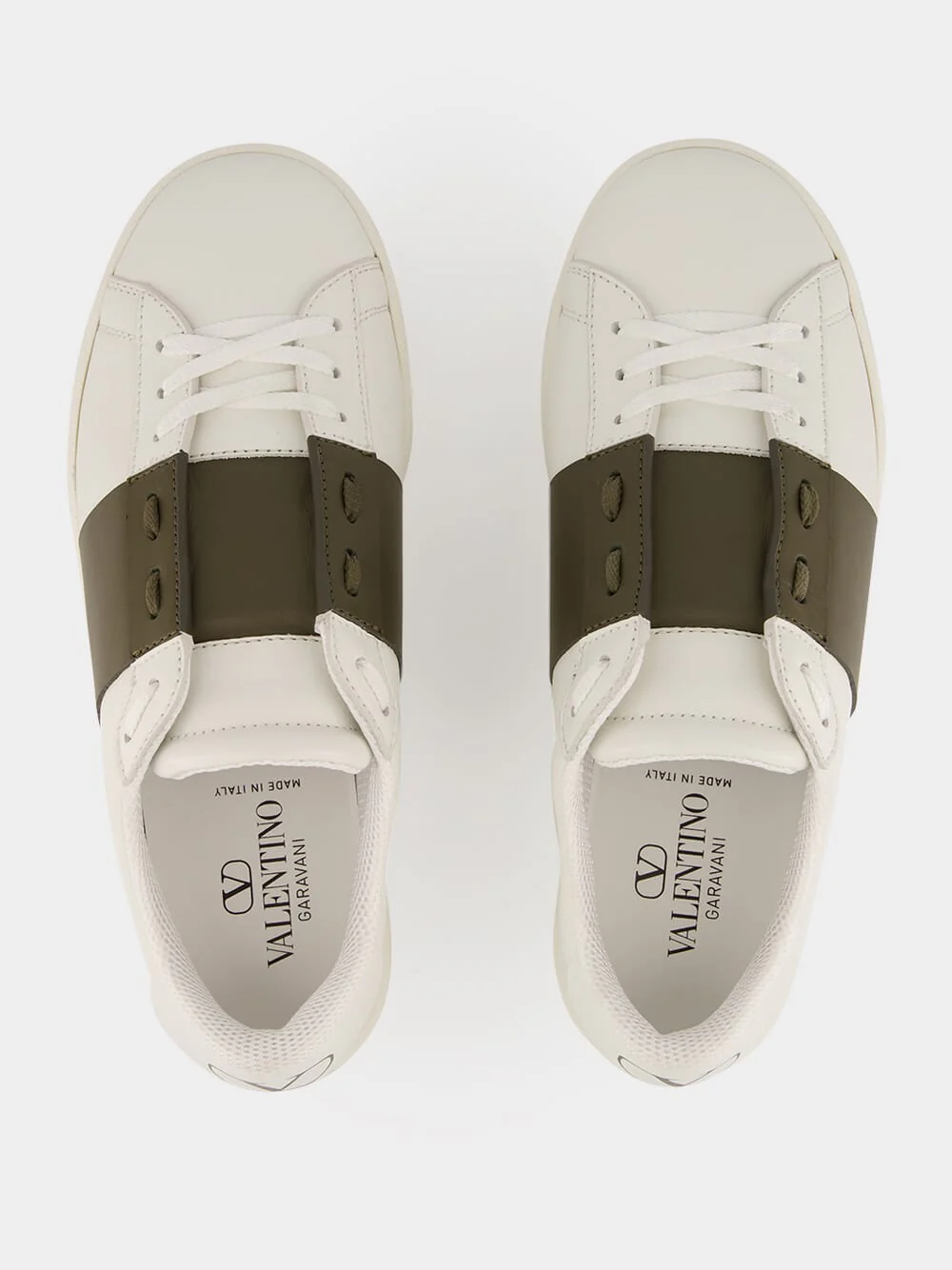 White and Khaki Green Nappa Leather Sneakers - Image 4