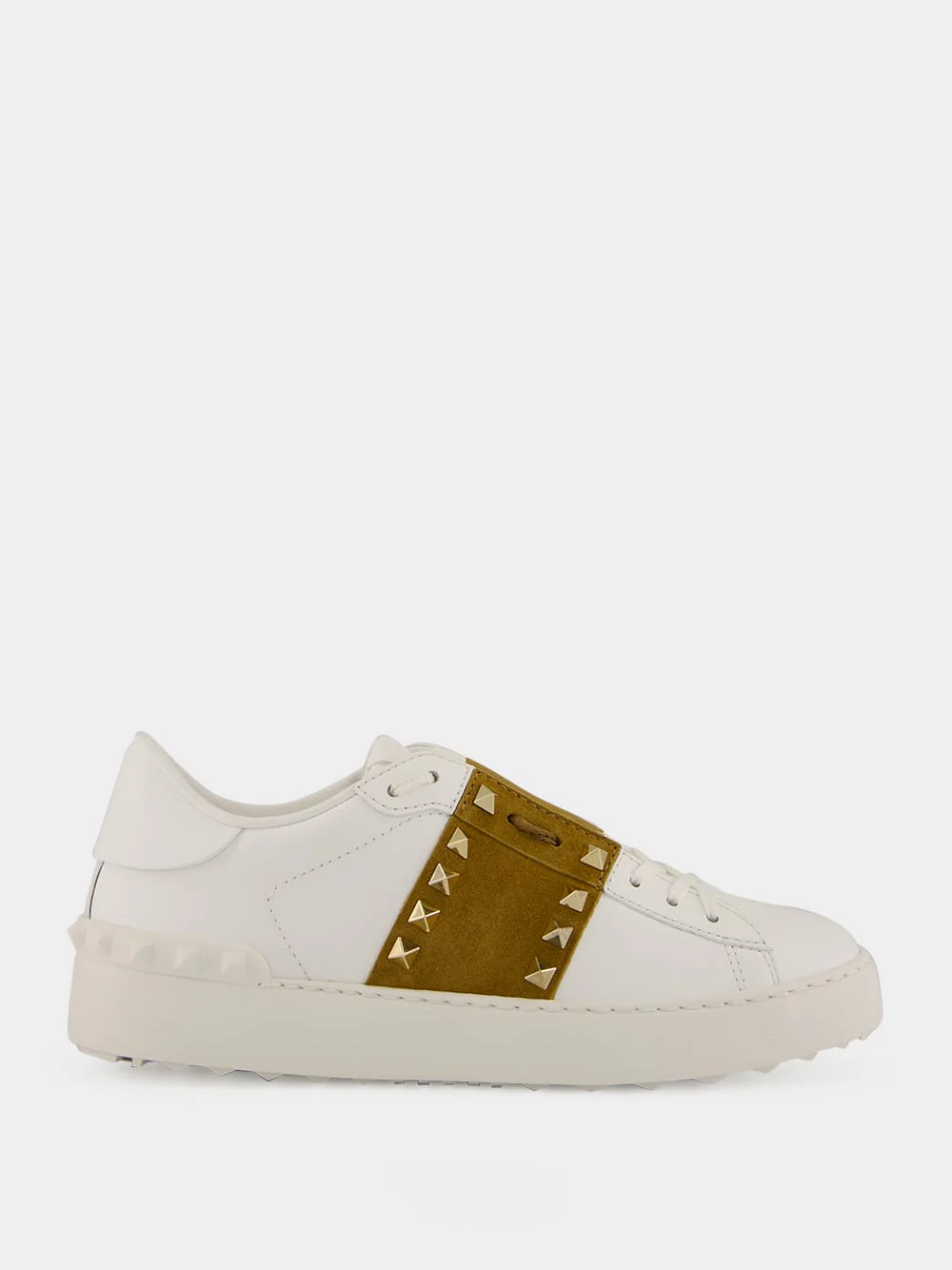 White and Havana Rockstud Leather Sneakers