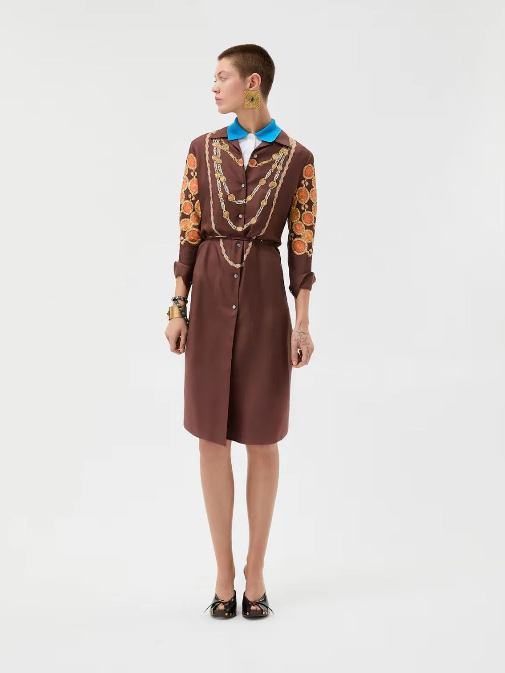 Brown Printed Silk Twill Mini Shirt Dress - Image 2