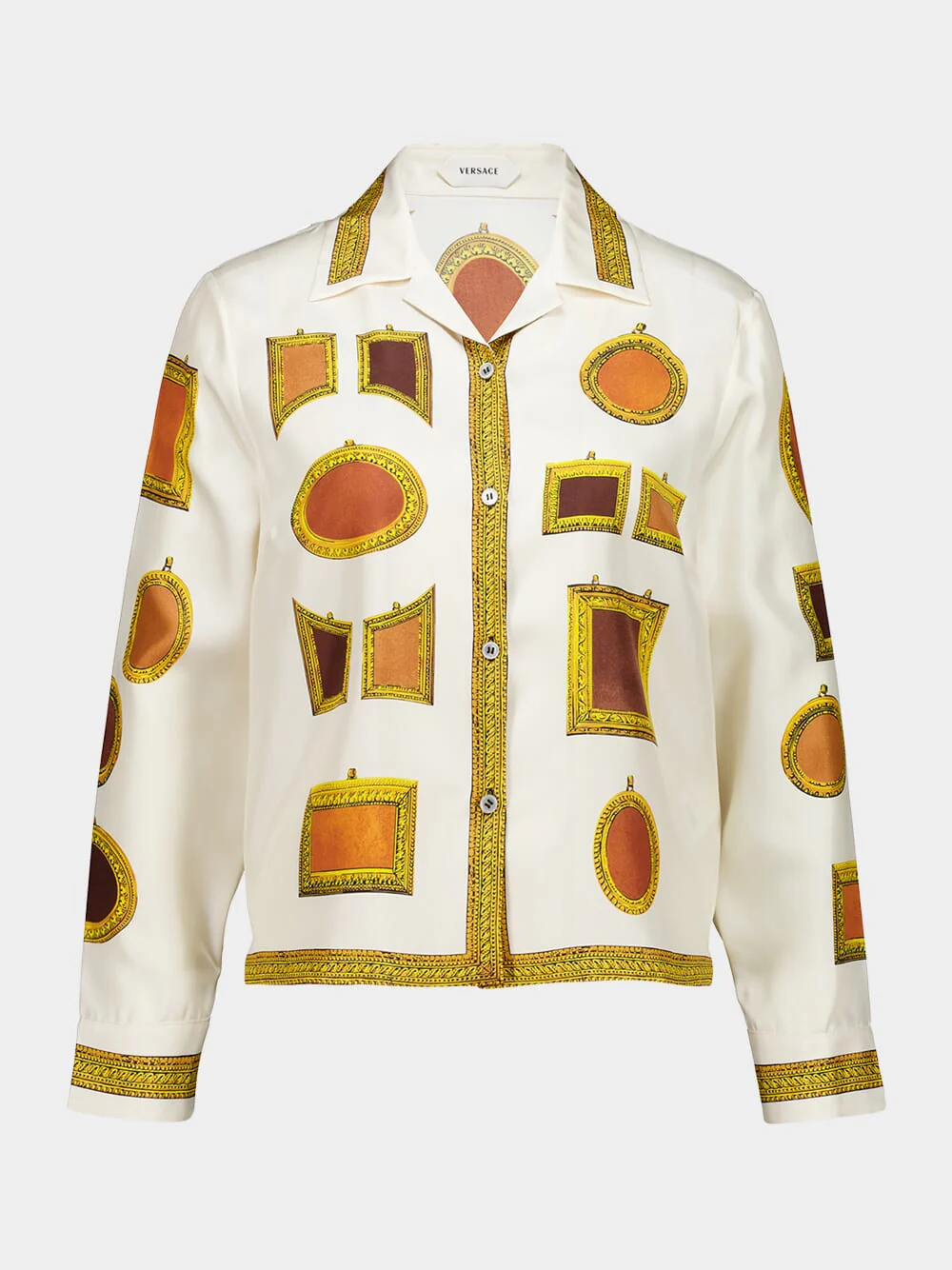 White Printed Silk Twill Shirt with Frame Motif