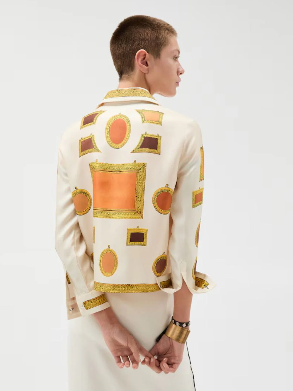 White Printed Silk Twill Shirt with Frame Motif - Image 4