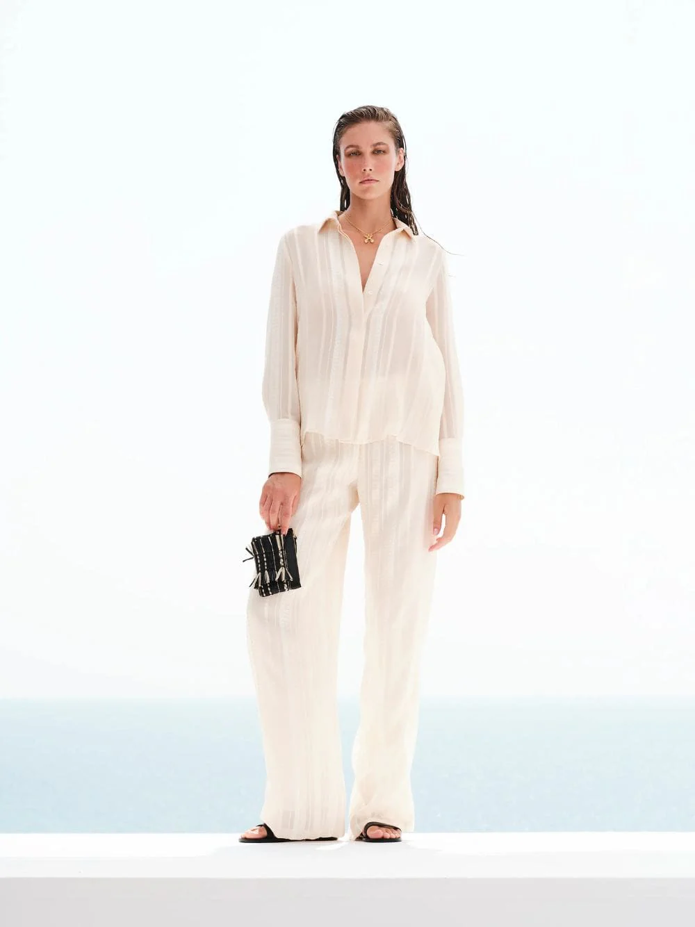 Cream Textured Silk Wide-Leg Trousers - Image 2