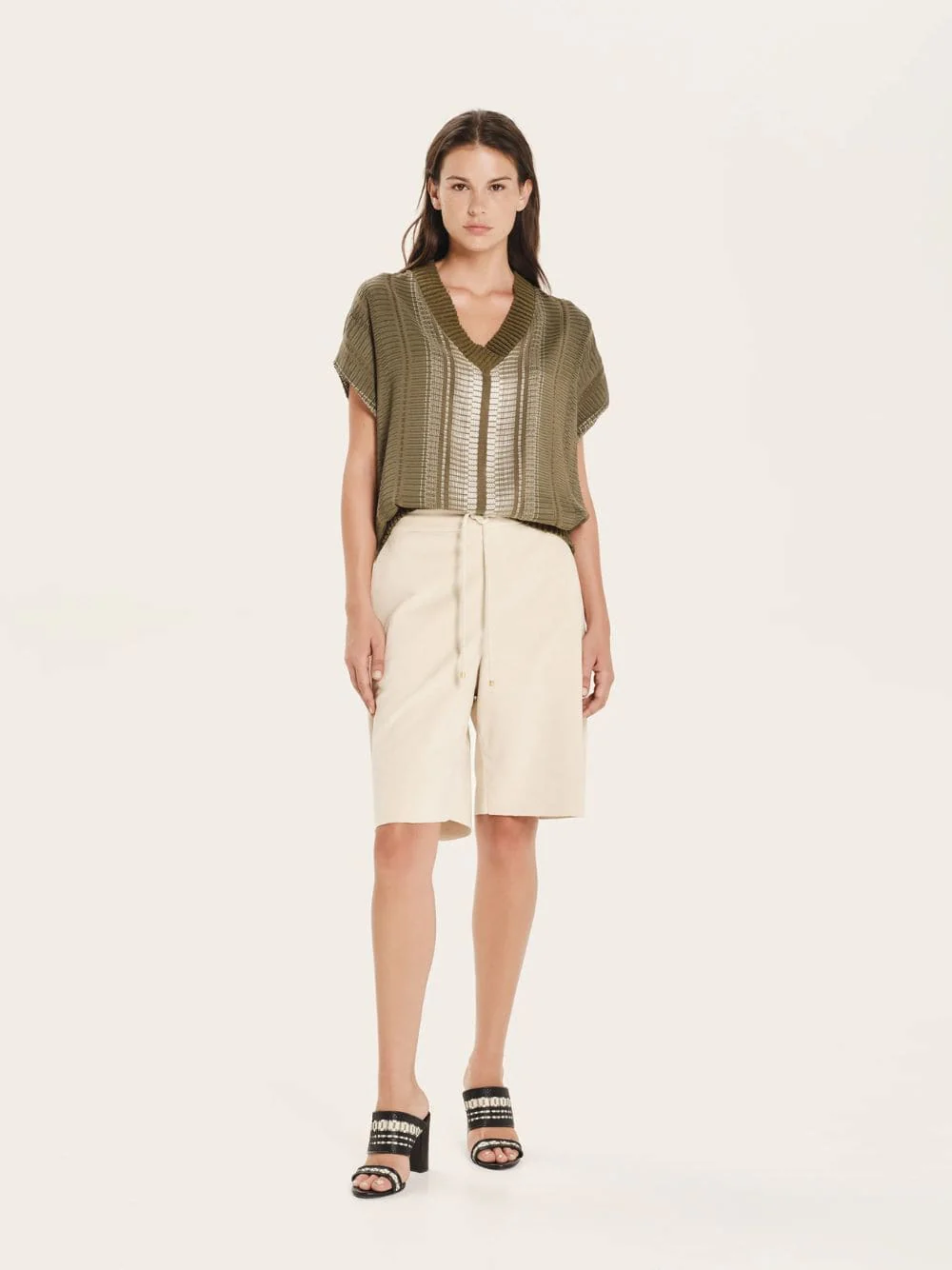 Khaki Syros V-Neck Silk Wool Top - Image 2