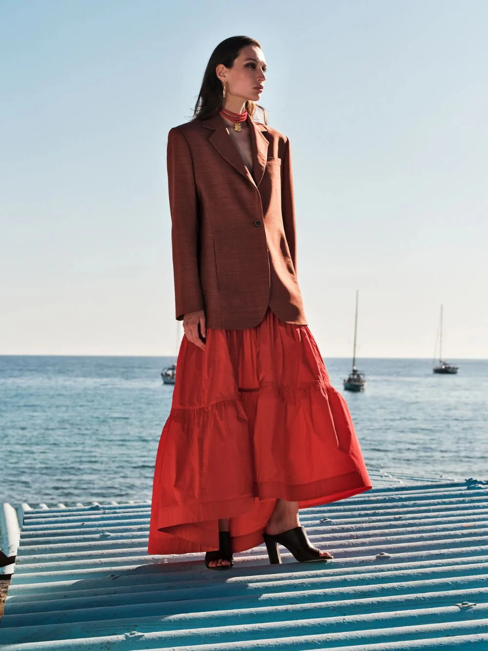 Red Daucus Tiered Flared Midi Skirt - Image 2
