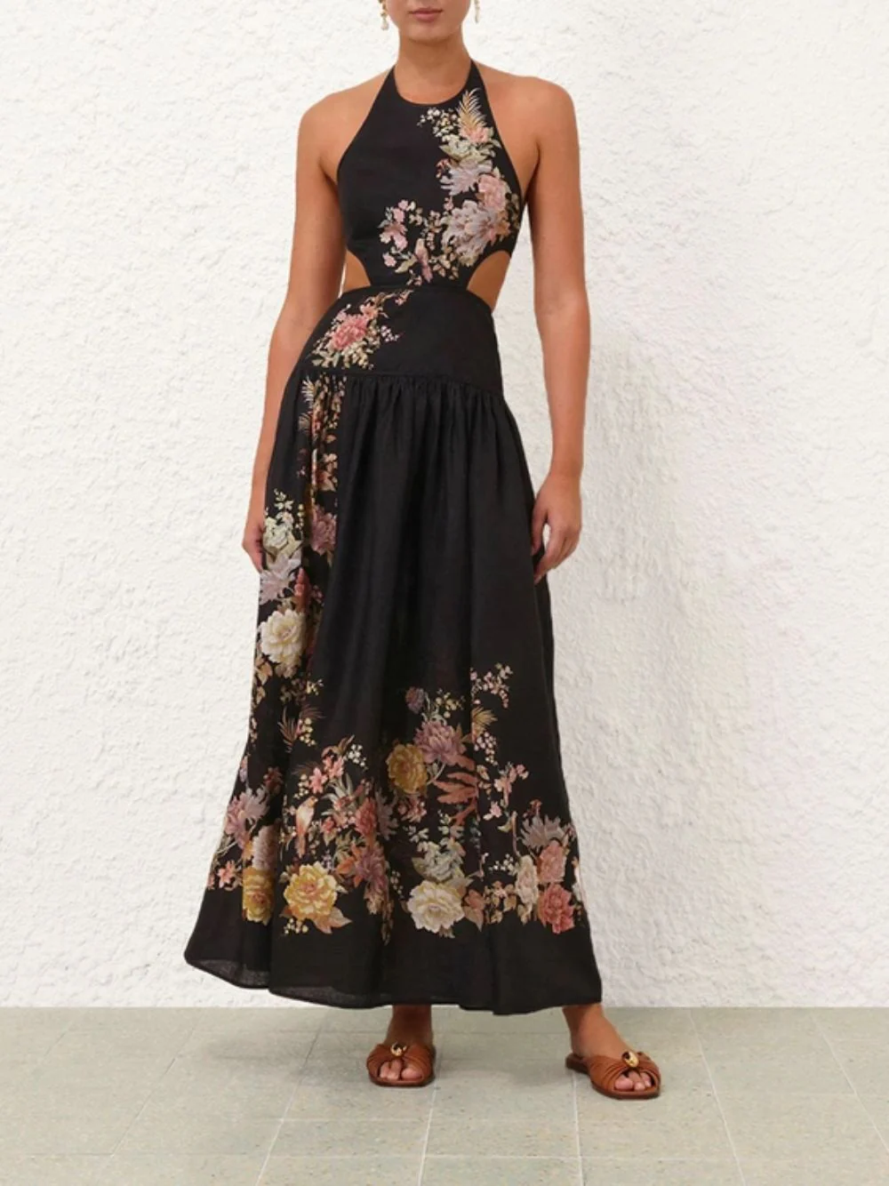 Black Floral Tallow Halter Midi Dress - Image 2