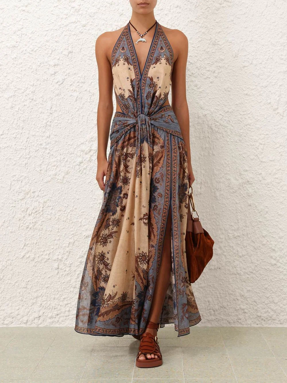 Blue Cream Indienne Floral Ascension Plunge Halter Maxi - Image 3