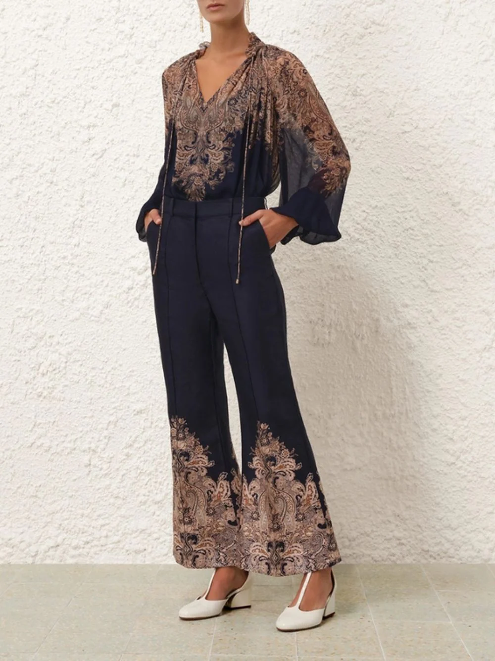 Navy Paisley Flare Pants