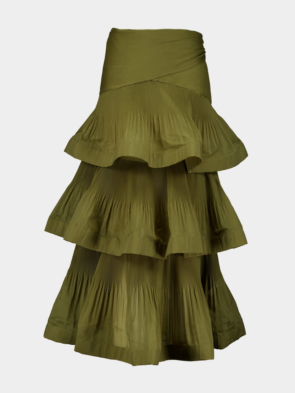 Olive Pleated Tiered Midi Skirt - Image 2