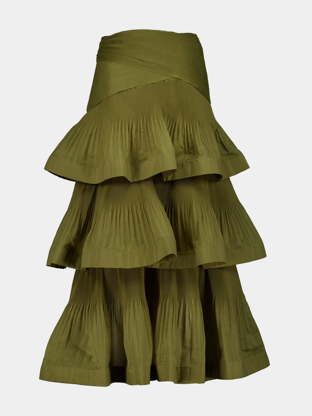 Olive Pleated Tiered Midi Skirt - Image 3