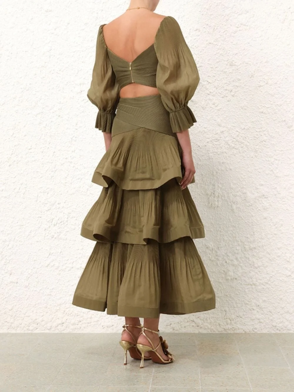 Olive Pleated Tiered Midi Skirt - Image 4