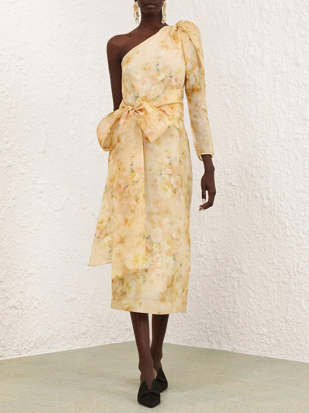Yellow Floral Crush Asymmetrical Midi Dress - Image 2