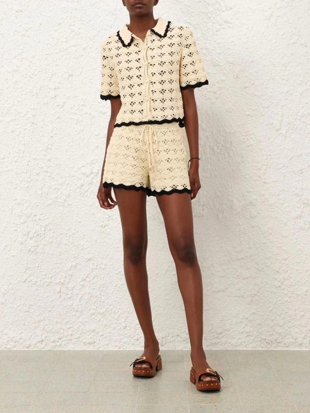 Cream and Black Aster Crochet Shorts - Image 2