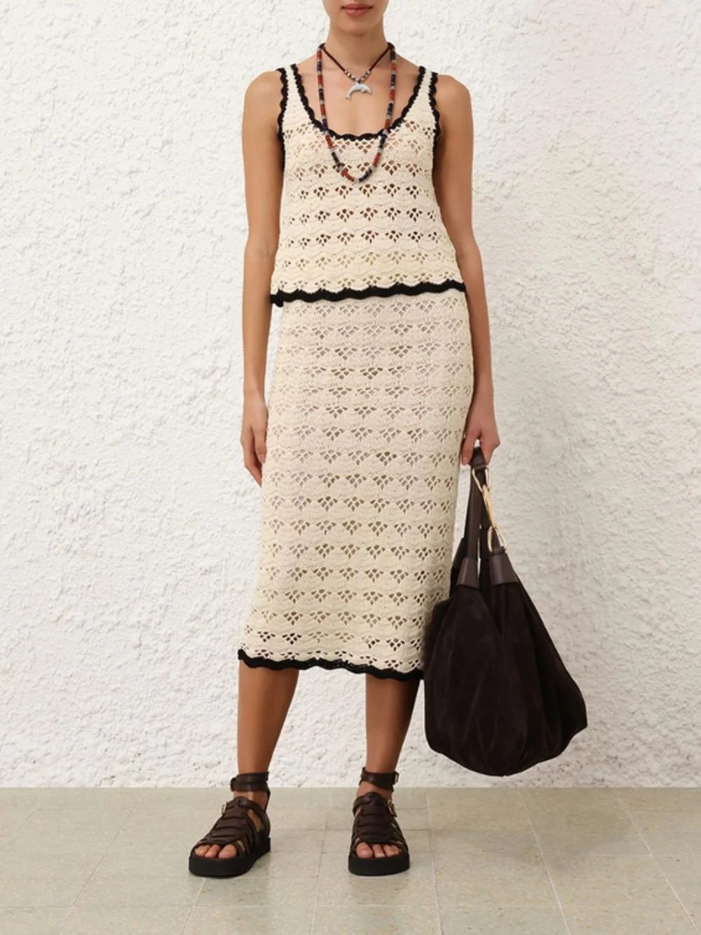 Cream and Black Rhiannon Crochet Midi Skirt - Image 2