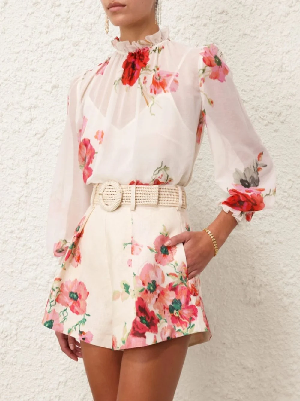 Cream Floral Ruffled Neckline Blouse - Image 2