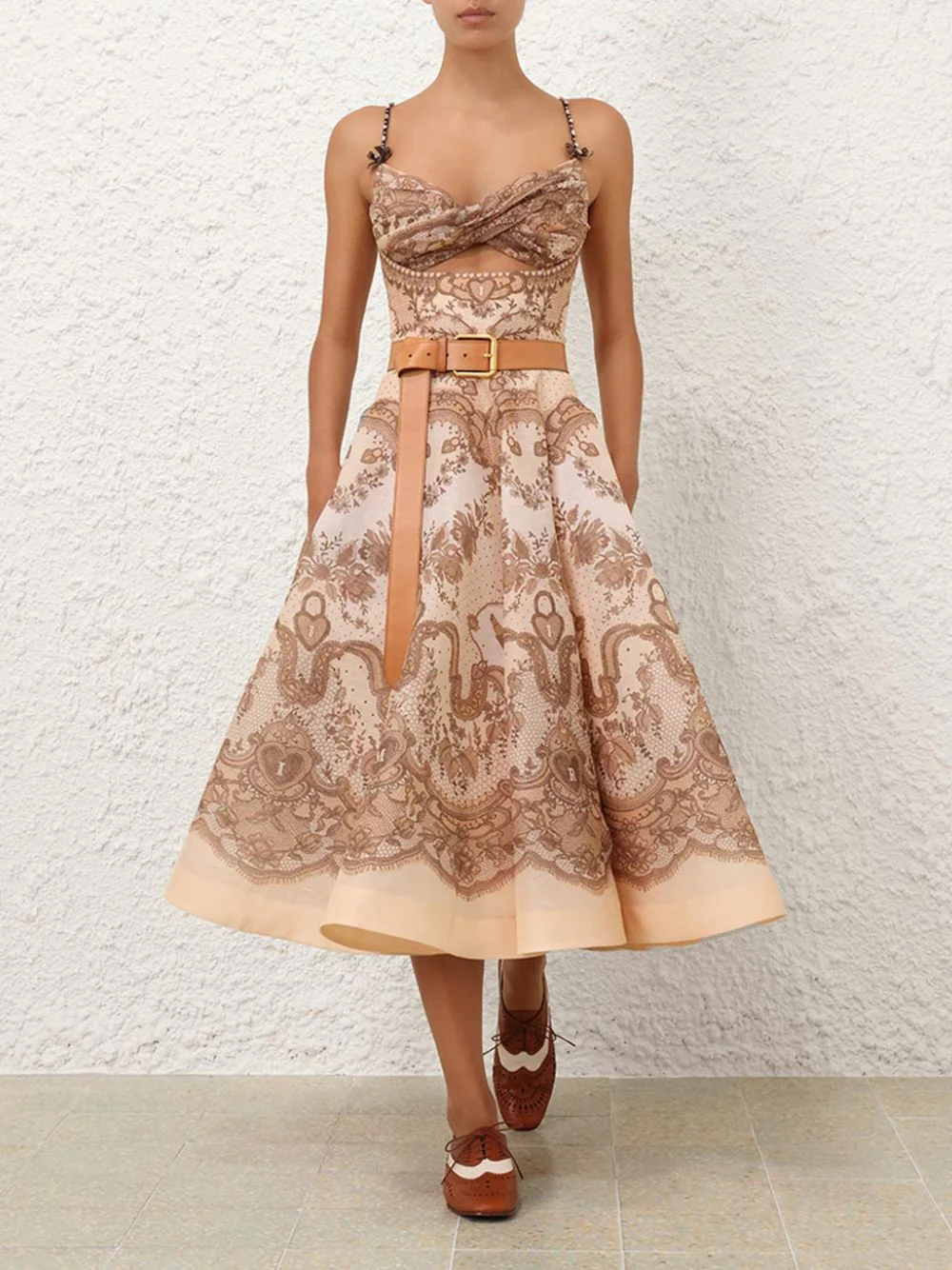 Crush Twist Front Peach Lace Print Midi Dress - Image 10